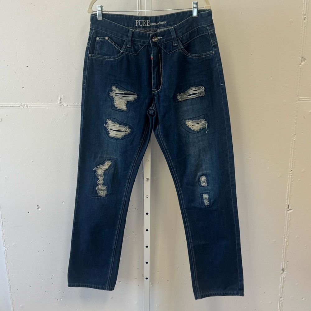 Pure Amand Men's 34x32‎ Relaxed Fit Distressed Denim Jeans